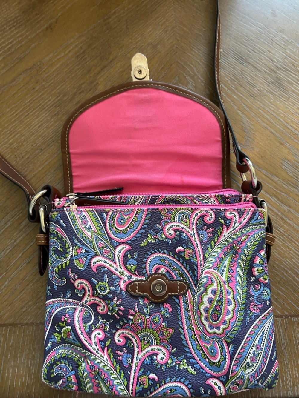 Chaps Brown Strap Paisley Crossbody with Pink, Blue & Green Accents - Picture 5 of 9